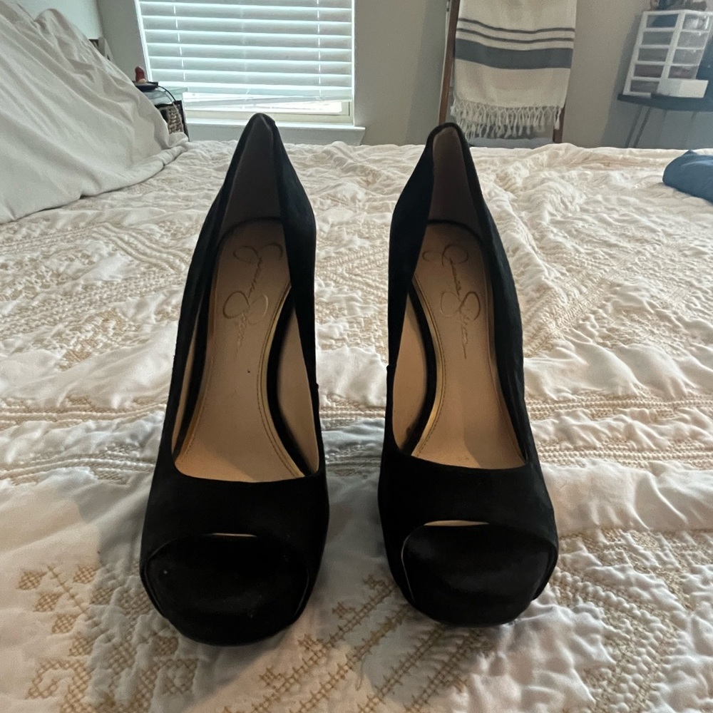Black wedge peep toe heels